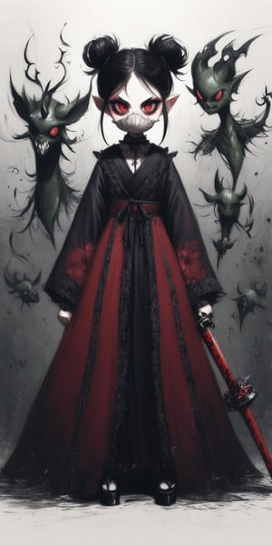 score_9,score_8_up,score_7_up,ClrSkt,
(ethereal dark fairy tale by Nicola Samori, JC Leyendecker), young anime girl standing the ground in a dark forest holding sheath of a bloody katana with the tip pointing up, dark red kimono, chrysanthemum floral décoration, (dark + gothic, + foreboding background:1.4), more detail XL,white mask, oni