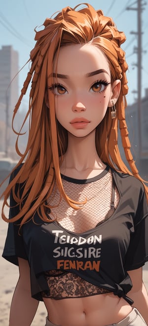 score_9, score_8_up, score_7_up,source_anime,1girl,solo,orange hair,long hair,dreadlocks, ear,hair behind ear,hazel eyes,perfecteyes,mole under eye,eyebrows,fishnet tshirt,bra,black tshirt,midriff,sinozick, depth_of_field, post apocalyptic background,