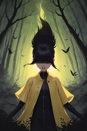 score_9,score_8_up,score_7_up, (ethereal dark fairy tale by Nicola Samori, JC Leyendecker), Young girl wearing a yellow raincoat,Raincoat over head,Hair covering eyes,Short black hair, fight stance in a dark forest, (dark + gothic, + foreboding background:1.4), more detail XL,Amy