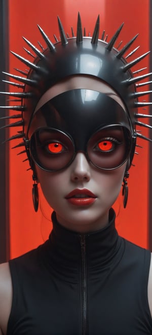 a woman wears and wears black dots on her head, in the style of futuristic fantasy, 3d, metallic sculpture, elegant, c1bo, emotive faces, dark Orange and red and light silver,her eyes wearin a futuristic sun glasses algorithmic artistry, high resolution