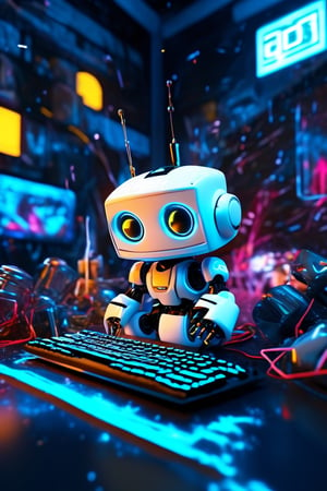 (8k uhd, masterpiece, best quality, high quality, absurdres, ultra-detailed, detailed background), (data moshing:1.5), (science fiction:1.4), (beautiful, aesthetic, perfect, delicate, intricate:1.2), build a robot mascot for Tensor Art by Shunkaha, (cute, smile, his electronic brain is visible), (base color: white, black, light blue), (TA_logo_on_his_chest:1.5), a computer_keyboard is laying on the ground, (a big screen on the background, Tensor Art logo on the screen, graffiti, spray paint can, dripping paint), action pose,dripping paint,neon photography style
