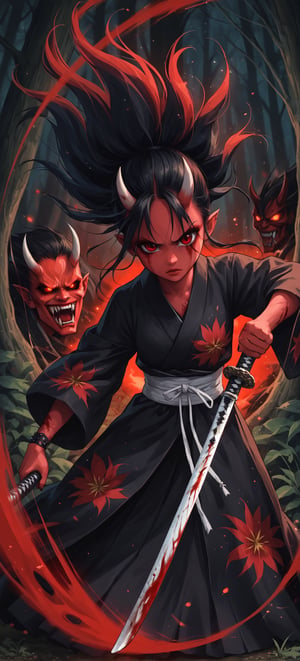 (ethereal dark fairy tale by Tim Sale), young anime girl fight stance in a dark forest holding sheath of a bloody katana, dark red kimono, chrysanthemum, Momiji floral décoration, (dark + gothic, + foreboding background:1.4), more detail XL,Oni, Demon,Red Mask