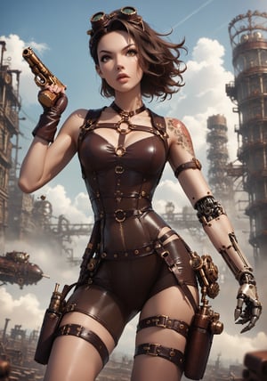 score_9_up score_8_up score_7_up, 1girl, cyborg steampunk hybrid, android, (mechanical arms, mechanical legs, cyborg, prosthesis),  medium black hair, hazel eyes, (holster,harness, two steampunk handguns), intricate corset, pointed handguns, action, action_pose, viewed_from_side, depth_of_field, detailled background, steampunk city, dystopian city, clear blue Sky, steampunk aircraft ,DonMSt34mPXL, steampunk