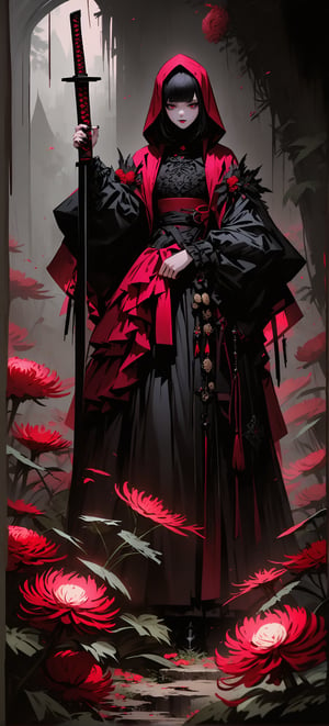 (ethereal dark fairy tale by Nicola Samori, JC Leyendecker), young anime girl standing the ground in a dark forest holding a bloody katana with the tip pointing up, dark red kimono, chrysanthemum floral décoration, (dark + gothic, + foreboding background:1.4), more detail XL