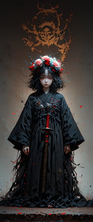 (ethereal dark fairy tale by Nicola Samori, JC Leyendecker), young anime girl standing the ground in a dark forest holding sheath of a bloody katana with the tip pointing up, dark red kimono, chrysanthemum floral décoration, (dark + gothic, + foreboding background:1.4), more detail XL,white mask, oni, oni mask,