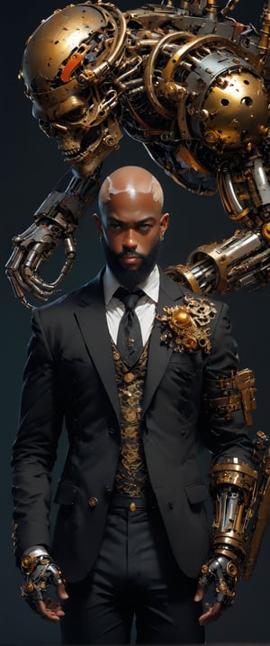 solo, shirt, 1boy, holding, white shirt, weapon, african, african, male, black male, BBM, male focus, pants,  facial hair, black pants, science fiction, bald, mechanical arms, cyborg, prosthesis, steampunk, exploring a mysterious steampunk city, surrounded by airships,