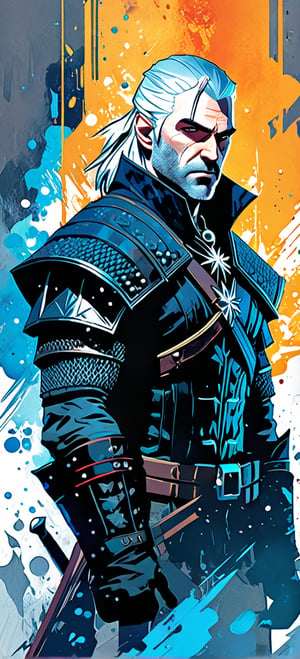 Geralt, The Witcher, urban Comics, blue ornaments, Marvel, sci fi, highly technology, iconographic, glitch background, , watercolor, ink, mist, interactive image, highly detailed, art style by Clayton Crain + Ross Tran + Rachel Walpole + Jeszika Le Vye + Dan Volbert + Simon Stalenhag + Brian Stelfreeze