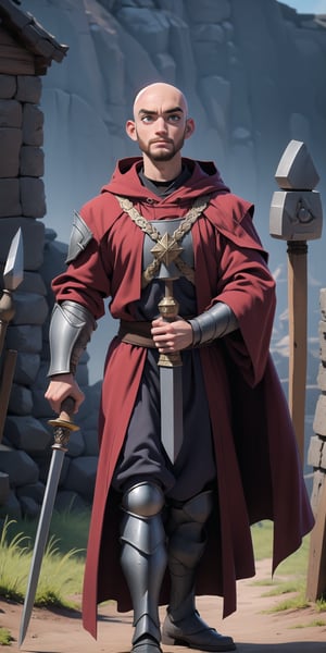 A warrior priest, 1 male, 25 years old, (((bald, no hair))), 6'2", (brandishing a war hammer in his right hand), war hammer, Mjolnir, holding, holding weapon, a red monk robe with plate armor chest and arm armor, grey eyes, red hair beard, perfect hands, medieval village, (medieval background), Dark_Mediaval, (detailed face, detailed skin texture, area lighting, HD, 8k, best illumination, ((full_body)), hood, long coat,
