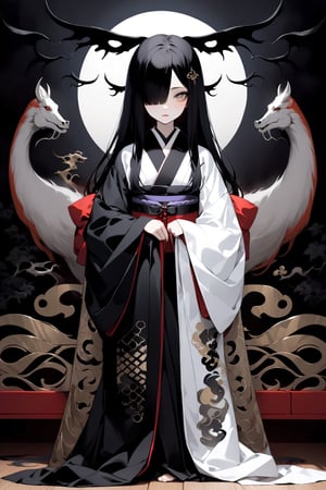 score_9,score_8_up, masterpiece, in the style of a hanafuda deck, young anime yurei girl, 25yo, hazel eyes, black on white smoke layer, long straight black hair over eyes obscuring one eye, long black hair, wearing a see-through kimono, Hair over eyes, pale skin, bare feet, fight stance in a dark forest, (dark + gothic, + foreboding background:1.4), more detail XL,dark aura,Anime Style,k1m0n0, Japanese Hanafuda background. upper body, luxurious japanese room, ((masterpiece: 2)), stunning image, ink art,Japanese pattern, FuturEvoLabKimono