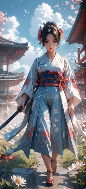 score_9_up score_8_up score_7_up, female_solo, slender hot body proportion, looking at viewer, beautiful japanese girl, highly detailed beautiful face and eyes, one knee, holding up his sword in the air, (wearing highly detailed kimono, floral ornaments), full-body shot, depth_of_field,  background of a medieval japanese city,HKWARRIOR,wide sleeves,obijime,floral print