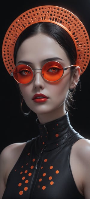 a woman wears and wears black dots on her head, in the style of futuristic fantasy, 3d, metallic sculpture, elegant, emotive faces, dark Orange and red and light silver,her eyes wearin a futuristic sun glasses algorithmic artistry, high resolution