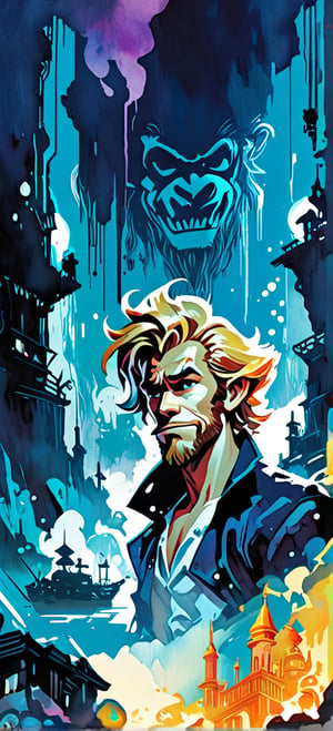 Guybrush Threepwood, Monkey Island, urban Comics, blue ornaments, Marvel, sci fi, highly technology, iconographic, glitch background, , watercolor, ink, mist, interactive image, highly detailed, art style by Clayton Crain + Ross Tran + Rachel Walpole + Jeszika Le Vye + Dan Volbert + Simon Stalenhag + Brian Stelfreeze