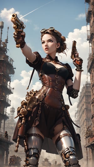 score_9_up score_8_up score_7_up, 1girl, cyborg steampunk hybrid, android, (mechanical arms, mechanical legs, cyborg, prosthesis),  medium black hair, hazel eyes, (holster,harness, two steampunk handguns), corset, pointed handguns,action, action_pose, viewed_from_side,low-angle_shot,  depth_of_field, detailled background, steampunk city, dystopian city, clear blue Sky, steampunk aircraft ,DonMSt34mPXL, steampunk