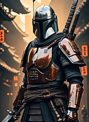(8k uhd, masterpiece, best quality, high quality, absurdres, ultra-detailed, detailed background), (full body:1.4), (a Japanese Mandalorian samurai with an heavy energy rifle, walking), (beautiful, aesthetic, perfect, delicate, intricate:1.2), (color scheme: black), (type of armor: oni style helmet, black eyes, bone and leather), (environment: ancient Japan street, outside, cyberpunk, Cyberpunk,), perspective: slightly low angle to emphasize the warrior's power, lighting: dramatic, with a spotlight illuminating the warrior's face and sword, (depth of field: shallow, with the warrior in sharp focus and the fiery background slightly blurred), cyborg style,Movie Still, cyborg,steampunk style