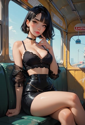 score_9, score_8_up, score_7_up, score_6_up,  1girl, milf, gorgeous girl , kawai girl , cute face, cute girl, black hair, bangs, hazel eyes, blushing, choker, black , wearing black crop top, sitting on train seat, lipstick, medium breast,  cleavage, skirt, big sexy thighs,  (slim fit),legs crossed, bubble ass