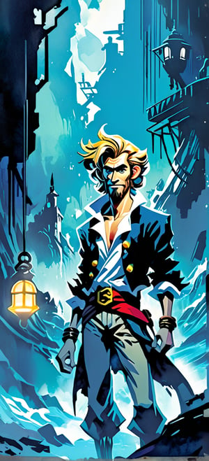 Guybrush Threepwood, Monkey Island, urban Comics, blue ornaments, Marvel, sci fi, highly technology, iconographic, glitch background, , watercolor, ink, mist, interactive image, highly detailed, art style by Clayton Crain + Ross Tran + Rachel Walpole + Jeszika Le Vye + Dan Volbert + Simon Stalenhag + Brian Stelfreeze