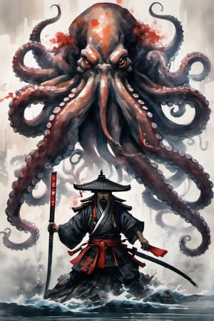 Masterpiece, 8k, dripping paint, chinese ink drawing, 1080P, anthropomorphic octopus, samurai with an octopus for a head, full samurai amrour, intimidating, stern, two katanas at his waist, octopus with 8 arms as a samurai posing for a picture, clan flag in the background,
octopus|samurai