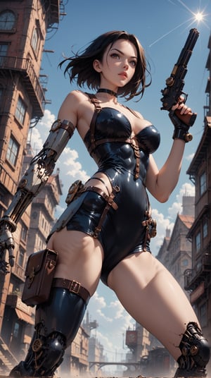 score_9_up score_8_up score_7_up, 1girl, cyborg steampunk hybrid, android, (mechanical arms, mechanical legs, cyborg, prosthesis),  medium black hair, hazel eyes, (holster,harness, two steampunk handguns), corset, pointed handguns,action, action_pose, viewed_from_side,low-angle_shot,  depth_of_field, detailled background, steampunk city, dystopian city, clear blue Sky, steampunk aircraft ,DonMSt34mPXL, steampunk