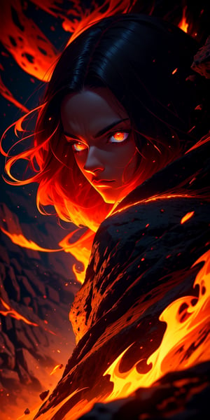 A close-up shot of a woman's face, dressed in flowing attire, black hair, hazel eyes, amidst the chaos of falling rocks. Her features are illuminated by an eerie lava glow seeping from beneath the rubble. The composition is tense, with her gaze fixed intently on some unknown point. The framing is tight, emphasizing her vulnerability. The lighting is moody, with deep shadows accentuating the textures of her dress and the rocky debris. In the style of Peter Mohrbacher, Ross Tran, and Michael Whelan, this digital artwork by Cyril Rolando embodies a sense of foreboding and mystique, characteristic of C2O's (Peter Mohrbacher) artistic vision.