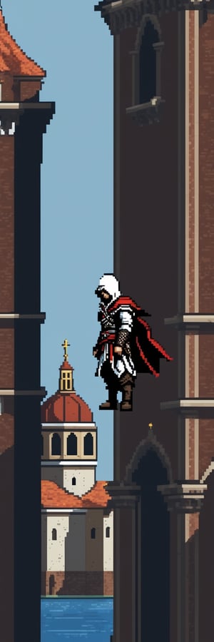 (1guy), (full body), Pixel-Art Adventure featuring a guy: Pixelated Ezio Auditore, wearing assassin's creed 2 outfit, character squatting on top of a Venice church, vibrant 8-bit environment, reminiscent of classic games.,Leonardo Style, Assassin's Creed, Monkey Island style,pixel art