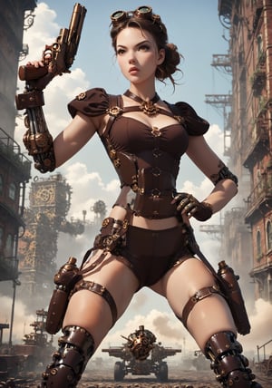 score_9_up score_8_up score_7_up, 1girl,  medium black hair, hazel eyes, cyborg steampunk hybrid, android, (mechanical arms, mechanical legs, cyborg, prosthesis),(holster,harness, two steampunk handguns), intricate corset, pointed handguns, action, action_pose, viewed_from_side, depth_of_field, detailled background, steampunk city, dystopian city, clear blue Sky, steampunk aircraft ,DonMSt34mPXL, steampunk