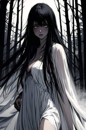 (ethereal dark tale by Tim Sale), young anime yurei girl, hazel eyes, black on white smoke layer, long straight black hair over eyes obscuring one eye, long black hair, wearing a loose plain white cotton nightgown, Hair over eyes, pale skin, bare feet, fight stance in a dark forest, (dark + gothic, + foreboding background:1.4), more detail XL,dark aura,Anime Style