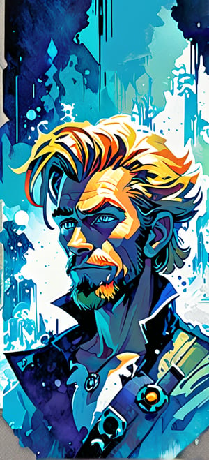 Guybrush Threepwood, Monkey Island, urban Comics, blue ornaments, Marvel, sci fi, highly technology, iconographic, glitch background, , watercolor, ink, mist, interactive image, highly detailed, art style by Clayton Crain + Ross Tran + Rachel Walpole + Jeszika Le Vye + Dan Volbert + Simon Stalenhag + Brian Stelfreeze