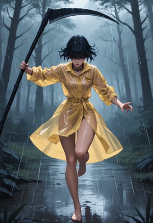 score_9,score_8_up,score_7_up, (ethereal dark fairy tale by Nicola Samori, JC Leyendecker), 1girl, Yurei, wearing a yellow raincoat, naked under raincoat, Raincoat over head, Hair covering eyes, Short black hair, fight stance in a dark forest, bare feet, (fight stance with a scythe:1.3), scythe in her hand, (dark + gothic, + foreboding background:1.4), more detail XL, rainy 