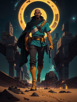 Shunkaha, a majestic black male, african american, dark skin, brown skin with perfect face and amber eyes, sporting a white beard, bald, walks confidently in the desert city of Mos Espa on Tatooine. He wears teal shirt and black long pants, handgun holstered at his right leg. Holding a large grey weapon in both hands, he exudes determination under dramatic night lighting, with rim lighting highlighting his features against the starry night sky. The midjourney scenery is high-detailed, showcasing intricate sand dunes and cityscape, set against the vast blackness of space.,agawa