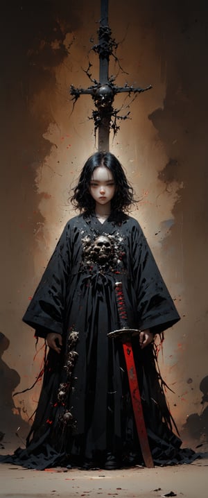 (ethereal dark fairy tale by Nicola Samori, JC Leyendecker), young anime girl standing the ground in a dark forest holding sheath of a bloody katana with the tip pointing up, dark red kimono, chrysanthemum floral décoration, (dark + gothic, + foreboding background:1.4), more detail XL,white mask, oni, oni mask,