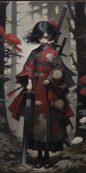 (ethereal dark fairy tale by Nicola Samori, JC Leyendecker), young anime girl standing thé ground in a dark forest holding a bloody katana with the tip pointing up, dark red kimono, chrysanthemum floral décoration, (dark + gothic, + foreboding background:1.4), more detail XL