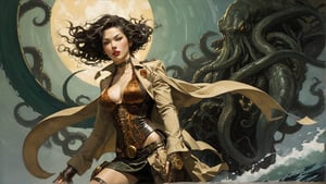 art by Masamune Shirow, art by J.C. Leyendecker, art by boris vallejo, art by gustav klimt, art by simon bisley, a masterpiece, stunning detail, an action shot, low angle, a woman, 1930´s clothes, Call of Cthulhu, kraken, action shot,