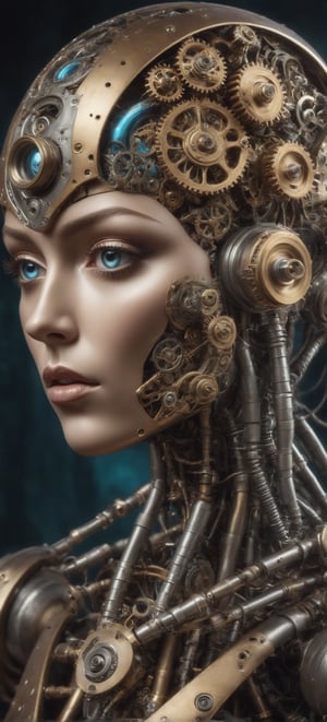 An image that combines cyborg and steampunk elements with a touch of psychedelic.,DonMSt34mPXL,figure, gears