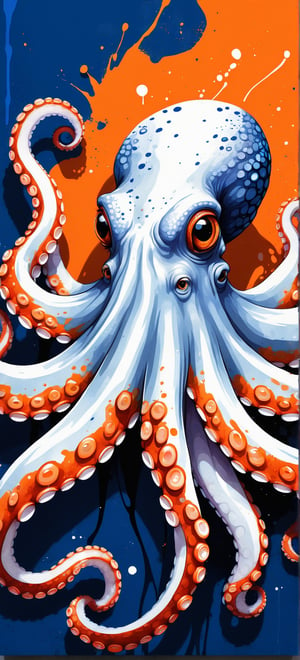 (Artistic bird illustration, high resolution, painted style, colored paint splatters), a [Octopus] depicted in a painted style with dynamic and vibrant paint splatters. The main colors are [dark blue] and [orange], set against a [white] background. The eyes are [red]. The artwork captures the lively essence of the [Octopus] through the use of bold paint splatters, creating a visually striking and energetic composition.