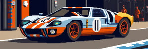 (Pixel-Art Adventure featuring a sportcar: Pixelated Ford GT40 1966 on a pit stop of 1966 Le Mans 24H), style,pixel art,pixel, 8bit