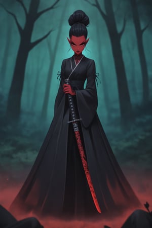 score_9,score_8_up,score_7_up, (ethereal dark fairy tale by Nicola Samori, JC Leyendecker), young anime girl fight stance in a dark forest holding sheath of a bloody katana, dark red kimono, chrysanthemum floral décoration, (dark + gothic, + foreboding background:1.4), more detail XL,Oni, Demon,Red Mask