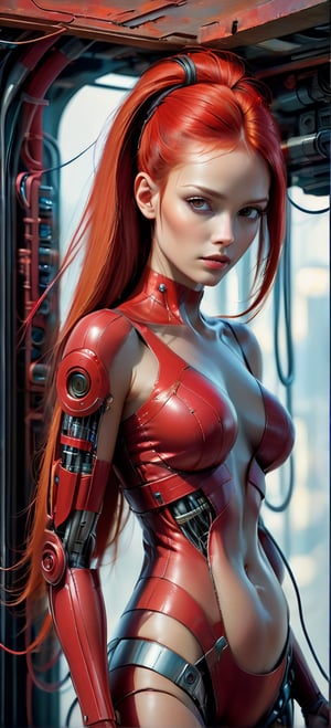 Please create a masterpiece, stunning beauty, perfect face, epic love, Slave to the machine, full-body, hyper-realistic oil painting, red hair, red vibrant colors, Body horror, wires, biopunk, cyborg by Peter Gric, Hans Ruedi Giger, Marco Mazzoni, dystopic, golden light, perfect composition, col