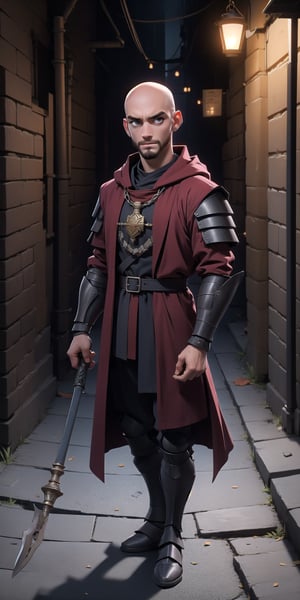 A warrior priest, 25 years old, bald, with a red monk robe, plate armor chest and arm armor, grey eyes, brandishing a war hammer in his right hand, red hair beard, perfect hands, dark alley, Dark_Mediaval, (detailed face, detailed skin texture, area lighting, HD, 8k, best illumination, ((full_body)), hood, trench coat, (medieval backgound), 