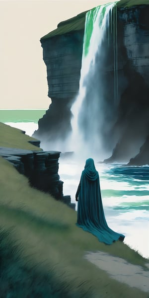 Masterpiece, 8k, chinese ink drawing, 1080P, vast meadow, facing fears, 6000, splashes of dark blue to faint light green, lost, 3 Bene Gesserit mothers, Cliffs of Moher, sadness, confusion, depravade, crawling, dying of thirst, begging the skies for help,Dune,