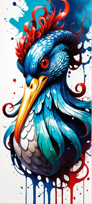 (Artistic bird illustration, high resolution, painted style, colored paint splatters), a [kraken] depicted in a painted style with dynamic and vibrant paint splatters. The main colors are [dark blue] and [turquoise], set against a [white] background. The eyes are [red]. The artwork captures the lively essence of the [Kraken] through the use of bold paint splatters, creating a visually striking and energetic composition.