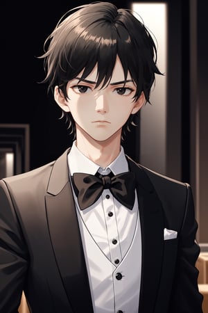 masterpiece, best quality, insanely detailed, 1boy, teenager, black eyes, black hair, stylized hair, (black tuxedo, closed tuxedo), (white shirt), (bow_tie), cufflink, formal clothing, looking_at_viewer, facing_viewer, serious expression, upper_body, cinematic lighting, simple background,