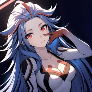 (extremely detailed fine touch:1.2), (masterpiece, best quality, highly quality), 
BREAK, 
Ai-ba, 1girl, long hair, streaked hair, (glowing hair:1.2), glowing eyes, red eyes, dress, red gloves, cleavage, breasts, stomach, head_tilt, head back, smile, bedroom_eyes, hand up, one hand, finger to cheek, looking at viewer, facing at viewer, upper body, 
BREAK, 
whitespace, glitch, (cinematic lighting, dramatic lighting, epic lighting:1.2)