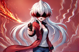 score_9, score_8_up, score_7_up, Spoopystories, 1girl, white hair, (long hair, hair between eyes), (shaded_eyes, shaded face, eyeless, no eyes:1.2), blood_on_face, upset, open mouth, angry, red coat, open red coat, white shirt, blue pants, aiming with one hand, (aiming pistol, holding gun, aiming at viewer), from side, looking down, smoke everywhere, (coloful smoke, red smoke, bloody stream), BREAK, cowboy shot, (colorful, red background), (abstract_background, multicolored), psychedelicv2lora