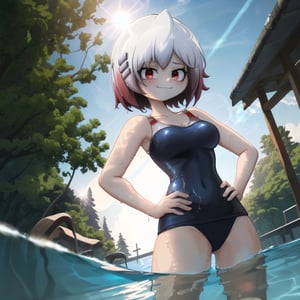 (masterpiece, illustration, extremely detailed, ultra-detailed, best quality:1.2), (colorful), 
1girl, KirieBonin, short hair, hairclips, red eyes, one-piece red swimsuit, (red swimsuit), skin_tight, (partially submerged), (on water, swiming:1.3), smile, closed mouth, (hands on hips), (dramatic angle), 
outdoors, swiming pool, trees, reflective_water, water, blue sky, sunny day, daytime, (lensflare), (cinematic lighting, dramatic lighting, perfect lighting:1.2),