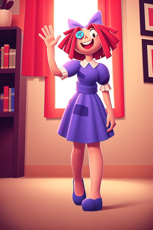 masterpiece, best quality, 1girl, Ragatha, Red Hair, Bow, Dress, Button Eye, happy, waving, standing, circus, indoors, perfect lighting, full body, mid shot