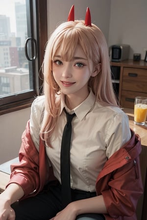 1 Woman, blonde, long lemonade pink hair, bangs, white shirt, black pants with doublets, black tie, red jacket, small red horns, power, sexy, erotic pose, smiling, seated