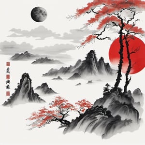 included word "Real Fake FYP", chinese ink drawing, mountain, tree, no humans,cloud, moon, scenery, traditional media, white background, sky, red moon, logo