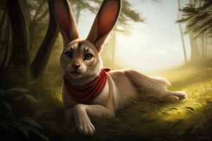 A browm bunny Male Basking in Sunlight, Red Bandana, realistic animal,  realistic fur, detailed background, wilderness background, realistic, photorealistic, ultra realistic, 8k,