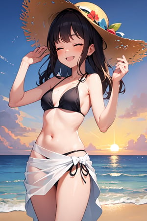 (masterpiece, best quality), 1girl, black bikini, not see through white sarong, white skirt, petite, standing, beach, sunset, smile, straw hat, big smile, eyes closed, eye smile, bend forward