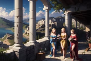 highres, ((masterpiece)), 5girls, ultra detailed, ancient city, Argos, Greece, Argos greek city of the Peloponnese, {(((greek mythology clothing)))}, (greek mythology), greece environment, Danaides the daughters of Danaus, in the castle of Argos in Greece, talking to each other, holding flowers, clothing from Greece,ruins, some trees, LostRuins,scenery